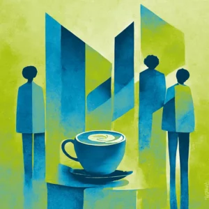 Abstrahierte Illustration von einer Kaffeetasse und Menschen