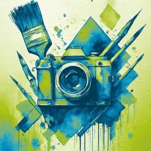 Abstrahierte Illustration von einer Fotokamera und Malpinseln