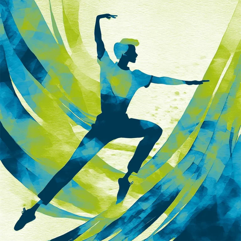 Abstrahierte Illustration von einer Figur, die entweder tanzt oder sich sportlich bewegt