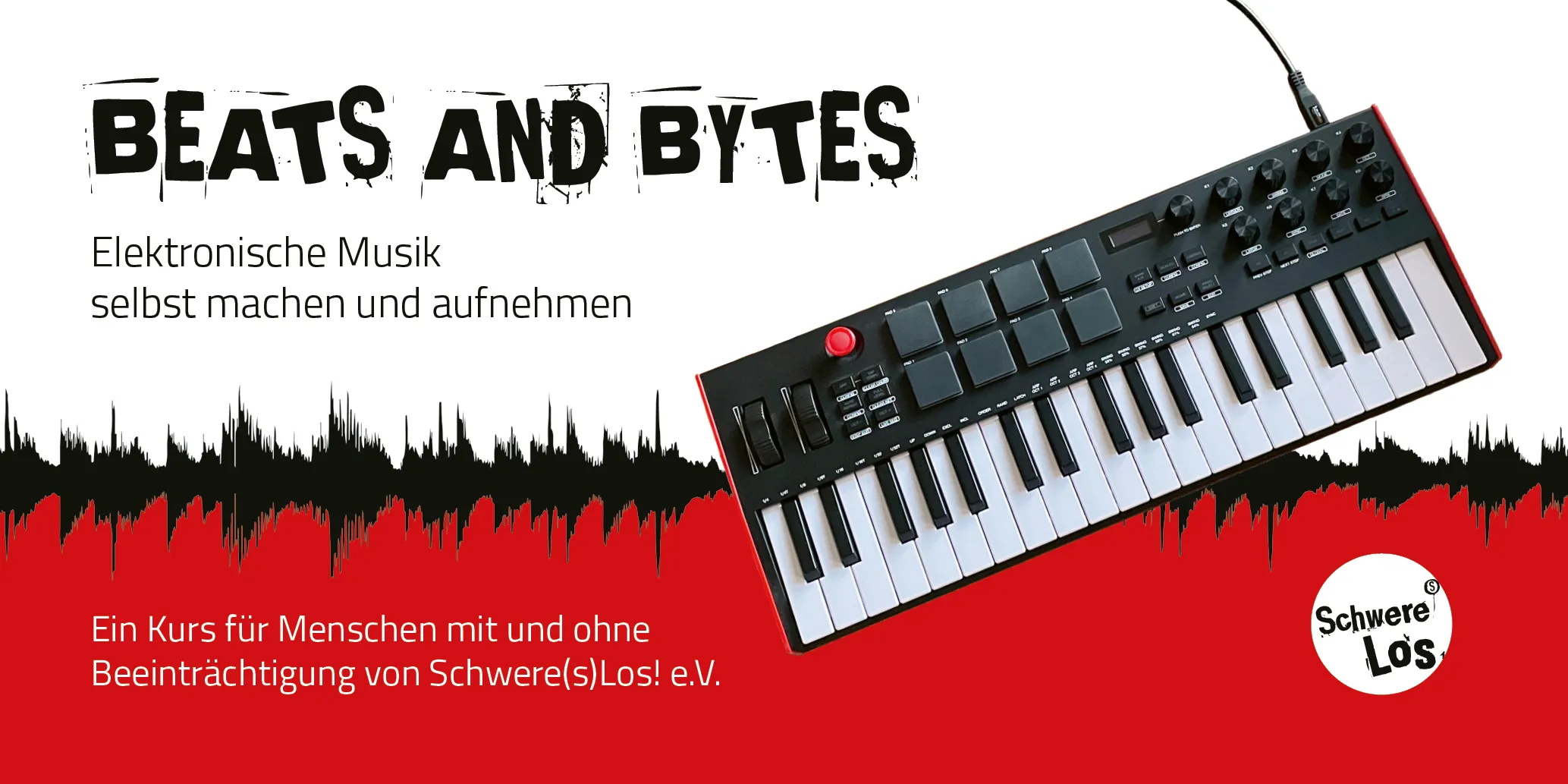 Im Vordergrund ist ein Keyboard mit Klaviertasten. Im roten Hintergrund des Bildes ist eine digitale Audiowelle in Schwarz.